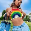 Women's Backless Rainbow Striped Halter Tie Back Tops Sleeveless Knit Crop Top