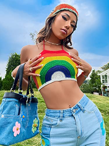 Women's Backless Rainbow Striped Halter Tie Back Tops Sleeveless Knit Crop Top