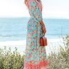 Women's Plunging V Neck Paisley Boho Backless Beach Dress Blouson Sleeve Back Tie Waist Tie Maxi Summer Dresses