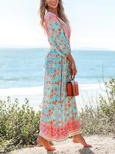 Women's Plunging V Neck Paisley Boho Backless Beach Dress Blouson Sleeve Back Tie Waist Tie Maxi Summer Dresses
