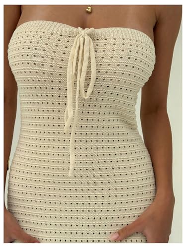 Women's Summer Crochet Tube Maxi Dress Tie Front Strapless Sleeveless Bodycon Knit Long Dresses