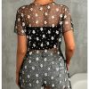 Women's Floral Sheer Mesh Swimsuit Coverups Short Sleeve Mini Beach Dresses