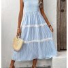 Women's Summer Long Dress Casual Boho Striped Sleeveless Smocked Tiered Ruffle Sundress