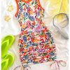 Women's Summer Bodycon Mini Dresses Floral Print Ruched Sleeveless Vacation Beach Tank Dress