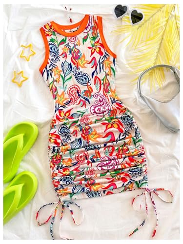 Women's Summer Bodycon Mini Dresses Floral Print Ruched Sleeveless Vacation Beach Tank Dress