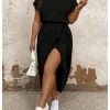 Women's Plus Size Wrap Long Dress Dolman Sleeve Crew Neck Belted Casual Dresses