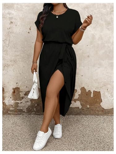 Women's Plus Size Wrap Long Dress Dolman Sleeve Crew Neck Belted Casual Dresses