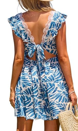 Women's Mini Dresses Summer Beach V Neck Flutter Sleeve Floral A Line Short Casual Dress