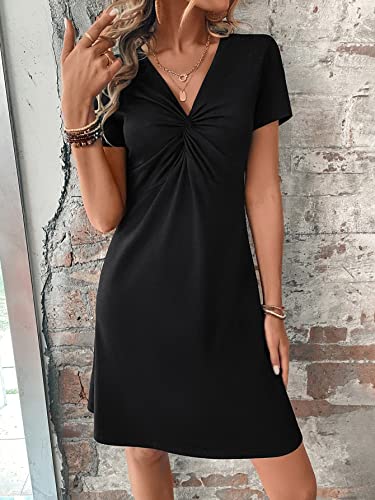 Women's Casual Short Sleeve V Neck Tee Shirt Dress Twist Front A Line Short Dresses