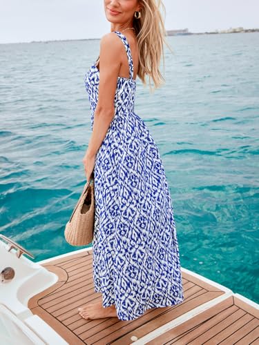 Women Ruffle Summer Dress 2025 Square Neck Straps Button Front Casual Sundress Holiday Vacation Beach Maxi Dress