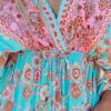 Women's Plunging V Neck Paisley Boho Backless Beach Dress Blouson Sleeve Back Tie Waist Tie Maxi Summer Dresses