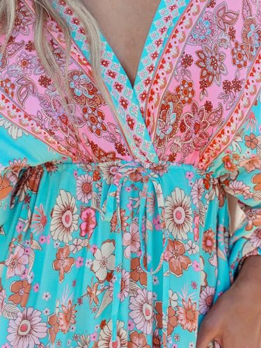 Women's Plunging V Neck Paisley Boho Backless Beach Dress Blouson Sleeve Back Tie Waist Tie Maxi Summer Dresses