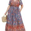 Women's Plus Size Summer Dress V Neck Short Ruffle Sleeves Flowy X Line Maxi Dress Wide Belt