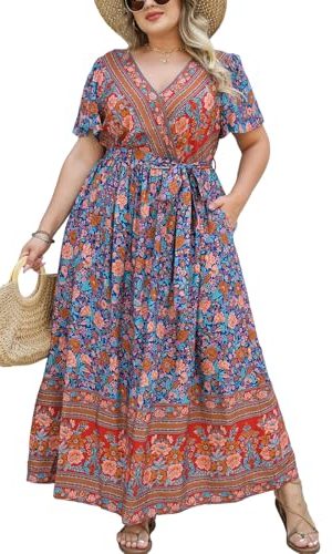 Women's Plus Size Summer Dress V Neck Short Ruffle Sleeves Flowy X Line Maxi Dress Wide Belt