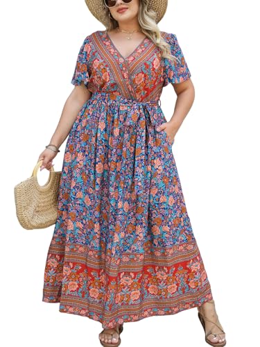 Women's Plus Size Summer Dress V Neck Short Ruffle Sleeves Flowy X Line Maxi Dress Wide Belt