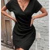 Women's Summer Ruched Wrap Mini Dresses V Neck Short Sleeve Wrap Bodycon Dress