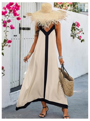 Women's Spaghetti Strap V Neck Color Block A Line Vacation Maxi Dress