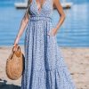 Women's Plunging V Neck Sleeveless Floral Boho Backless Ruffled Beach Summer Maxi Dresses with Pockets