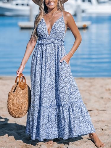 Women's Plunging V Neck Sleeveless Floral Boho Backless Ruffled Beach Summer Maxi Dresses with Pockets