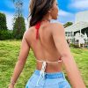 Women's Backless Rainbow Striped Halter Tie Back Tops Sleeveless Knit Crop Top