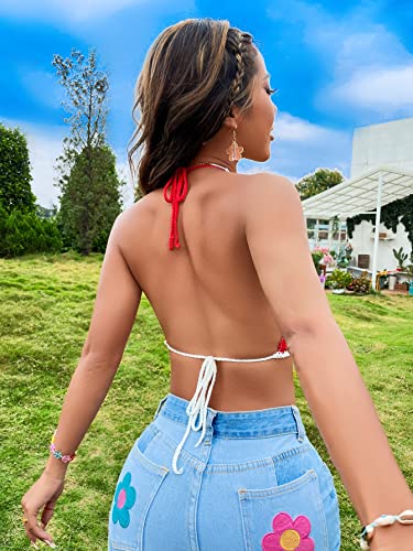 Women's Backless Rainbow Striped Halter Tie Back Tops Sleeveless Knit Crop Top