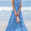 Women's Maxi Dress Ruffled V Neck Abstract Printed Sleeveless Self Tie A Line Long Summer Formal Dress