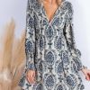 Women's Mini Dress Smocked V Neck Long Sleeve Empire Waist Casual A Line Dress