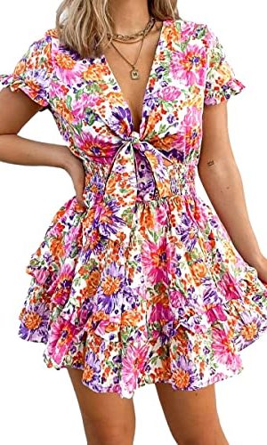 Women Summer Mini Short Dress 2025 Short Sleeve Casual Beach Vacation Sundress V Neck Tiered Sun Dresses