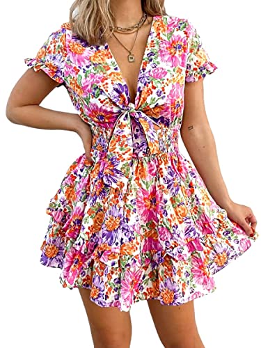 Women Summer Mini Short Dress 2025 Short Sleeve Casual Beach Vacation Sundress V Neck Tiered Sun Dresses