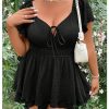 Women's Plus Size Romper Dress Ruffle Short Sleeve V Neck Flowy Summer Short Jumpsuits Plain Black 0XL