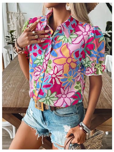 Women's Floral Print Button Down Blouse Ruffle Short Puff Sleeve Boho Tops