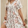 Women's Floral Print Ruffle Mini Dresses Dolman Short Sleeve V Neck Vacation Boho Dress
