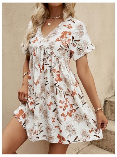 Women's Floral Print Ruffle Mini Dresses Dolman Short Sleeve V Neck Vacation Boho Dress