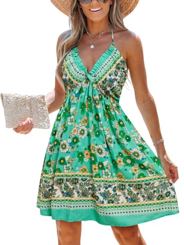 Women's Backless Halter Beach Dress Boho Ruffle Plunge V Neck Mini Sundress Summer Dresses