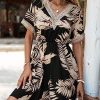 Women's Floral Print Short Sleeve V Neck Dress Casual Summer Lace Trim A Line Short Dresses