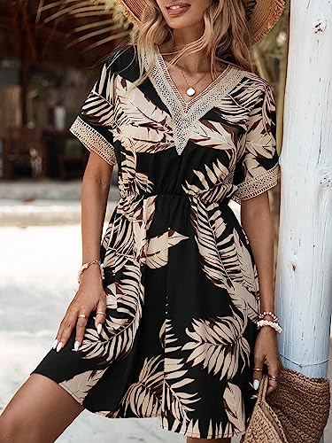 Women's Floral Print Short Sleeve V Neck Dress Casual Summer Lace Trim A Line Short Dresses