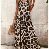 Women's Leopard Print Maxi Dress V Neck Spaghetti Strap Flowy Long Vacation Summer Dresses