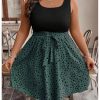 Women's Plus Size Polka Dots Sleeveless Summer Tank Dress Belted Vacation Beach Flowy Short Dresses