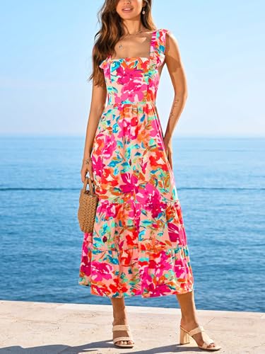 Women's Floral Square Neck Sleeveless Ruffle Trim Backless Tie Twisted Summer Beach Maxi Dress