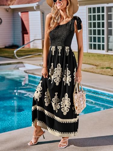 Women's Smocked One Shoulder Summer Dresses Sleeveless Vacation Maxi Dress Long Beach Sundress