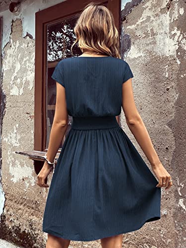 Women's Short Batwing Sleeve Cross Wrap V-Neck A-line Casual Swing Dress Plain Shirred Flared Short Dress
