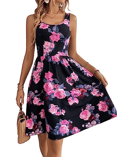 Women's Boho Floral Print Scoop Neck Tank Dress Summer Ruffle A Line Knee Length Dresses