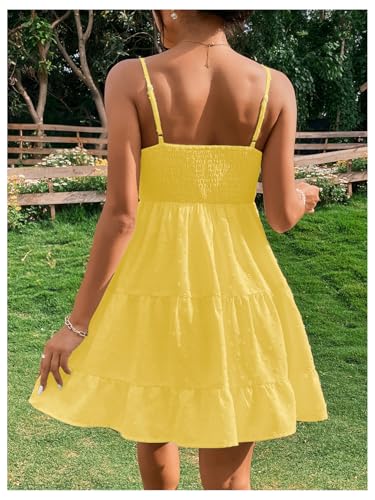 Women's Swiss Dots Sleeveless Ruched Bust Ruffle Hem Cami Short Dress