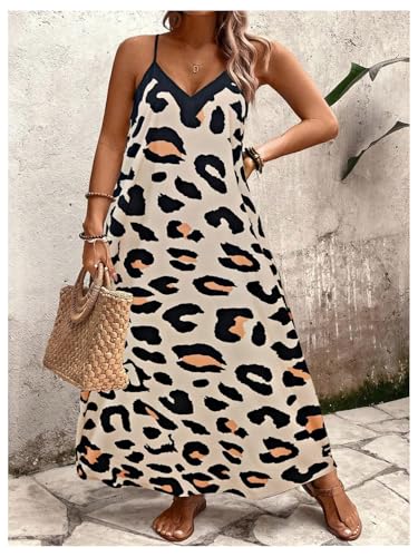 Women's Plus Size Leopard Print Sleeveless Loose Flowy Maxi Cami Dress Summer Going Out Outfits