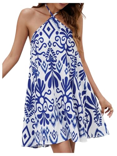 Women's Floral Print Halter Mini Dress Tie Backless Sleeveless Flowy Dresses
