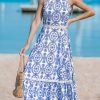 Women's Midi Dress Halter Paisley Sleeveless Cutout Waist Long Beach Boho Summer Dress