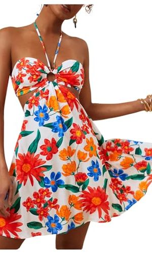 Women's Floral Print Cut Out Sleeveless Halter Mini Dress Holiday Flowy Vacation Dresses
