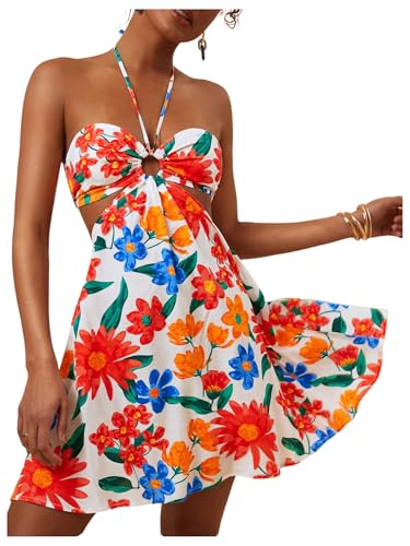Women's Floral Print Cut Out Sleeveless Halter Mini Dress Holiday Flowy Vacation Dresses