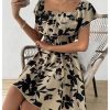 Women's Off The Shoulder Floral Summer Dresses Short Sleeve Ruffle A Line Flowy Short Dress