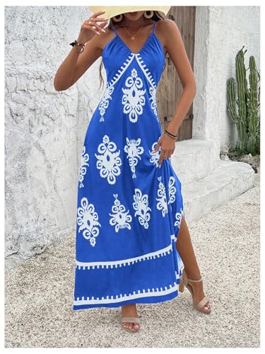 Women's Summer Printed Maxi Dress V Neck Spaghetti Strap Split Flowy Cami Dresses Sundress